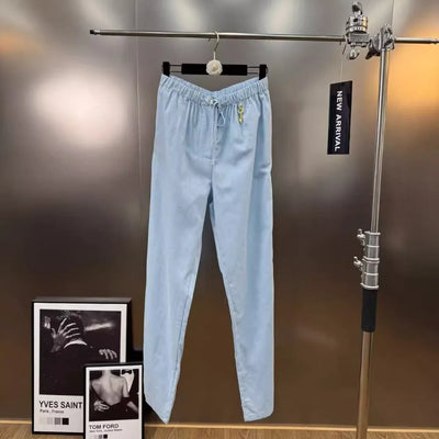 VGH Chic Spliced Metal Buckles Two Piece Set for Women Lapel Long Sleeve Top High Waist Patchwork Drawstring Pants Suit Female