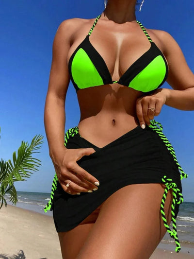 2025 Black Halter String 3 Piece Bikini Swimsuit Women