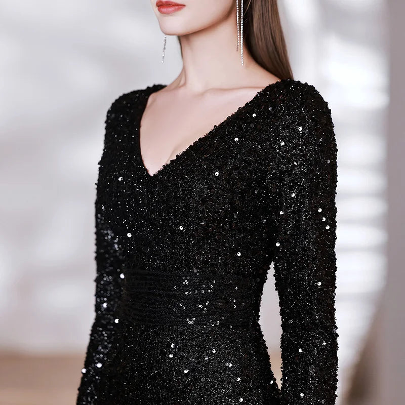 DEERVEADO Sexy Slit V Neck Black Sequins Evening Dress Women Mermaid Maxi Party Dresses Long Prom Dress