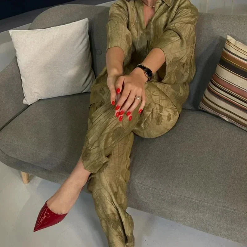 Women's Jacquard Oversized Shirt Trousers Short Sleeves Suit Lapel Shirt High Waist Elastic Straight Leg Pants Chic Female Set