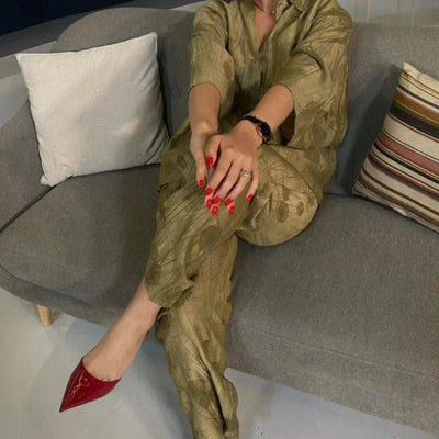 Women's Jacquard Oversized Shirt Trousers Short Sleeves Suit Lapel Shirt High Waist Elastic Straight Leg Pants Chic Female Set