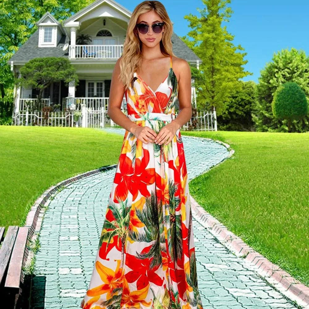 Floral Dress Women's Summer Dress Sexy Backless V-neck Suspender Long Dress