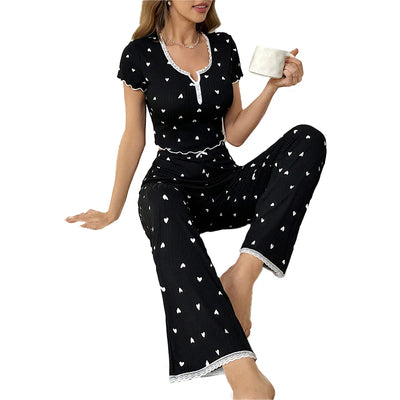 Womens' Casual Pajamas Set Love Print Black Casual Lounge Wear Decorative Button Lace Edge Short Sleeve Pants