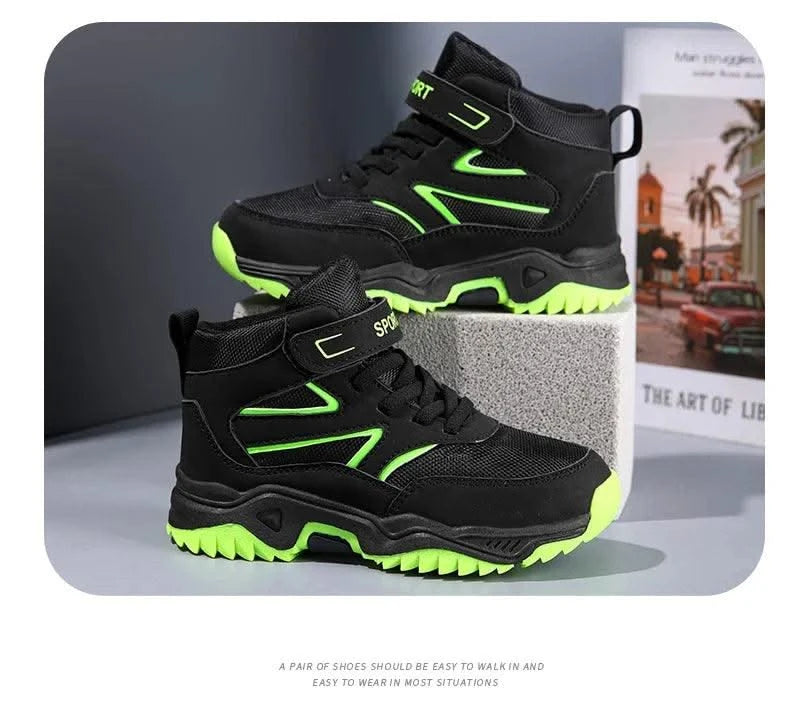 New Boys' Sports Shoes Non-slip School Children's Leather Breathable Running Black Fashion Hiking Shoes Sneaker Size 29-40