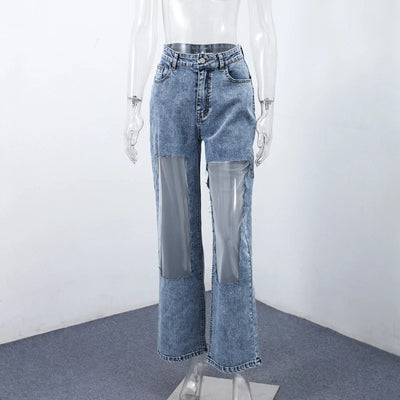 Women Fashion See Trough Jeans Y2k Pockets Pants Vintage Mesh Hollow Sheer High Waist Trousers Girls Straight Wide Leg Bottoms