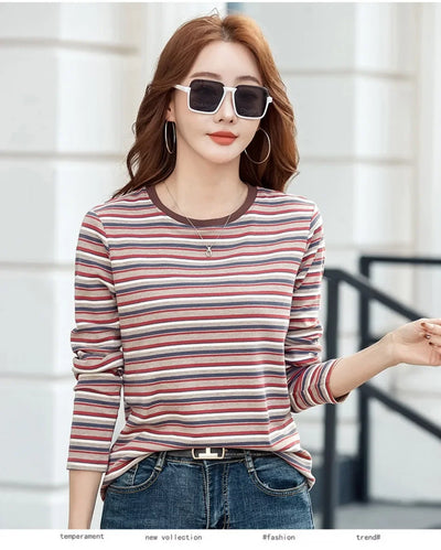 2024 New Women Clothing Crew Neck Striped Bottom Shirt Spring and Autumn Long Sleeve Tops T-Shirt Loose Interior Casual Top