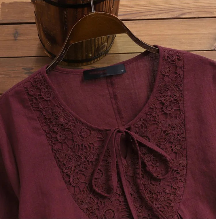 Fashion Women's Solid Lace Top Cotton Linen Casual Top Woman New Summer Blouse Three-Quarter Sleeve Loose Shirt & Blouse Women