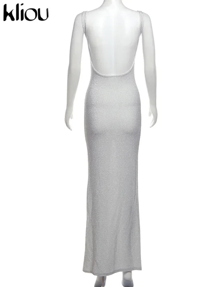 kliou Sequins Women Maxi Dress Stunning Shiny Elegant Sleeveless Backless Sheath Vestidos Mujer Elegant Fashion Evening Bodycon