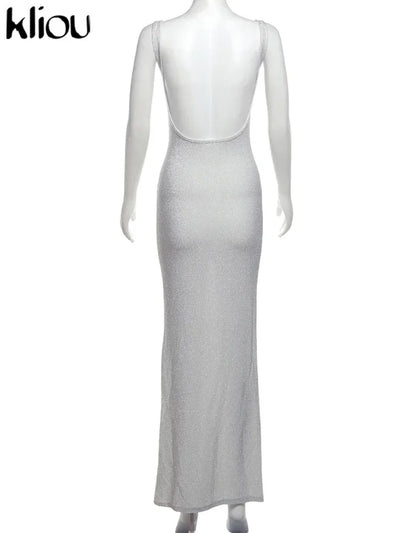 kliou Sequins Women Maxi Dress Stunning Shiny Elegant Sleeveless Backless Sheath Vestidos Mujer Elegant Fashion Evening Bodycon