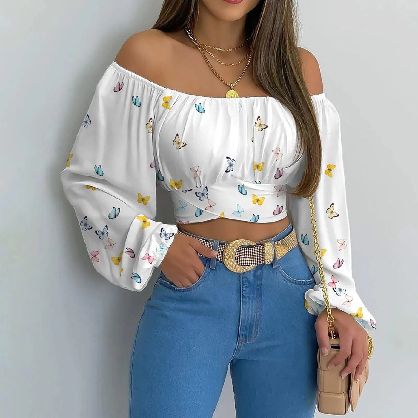 Women Sexy Off Shoulder Blouse Chic and Elegant Printing Lantern Long Sleeve