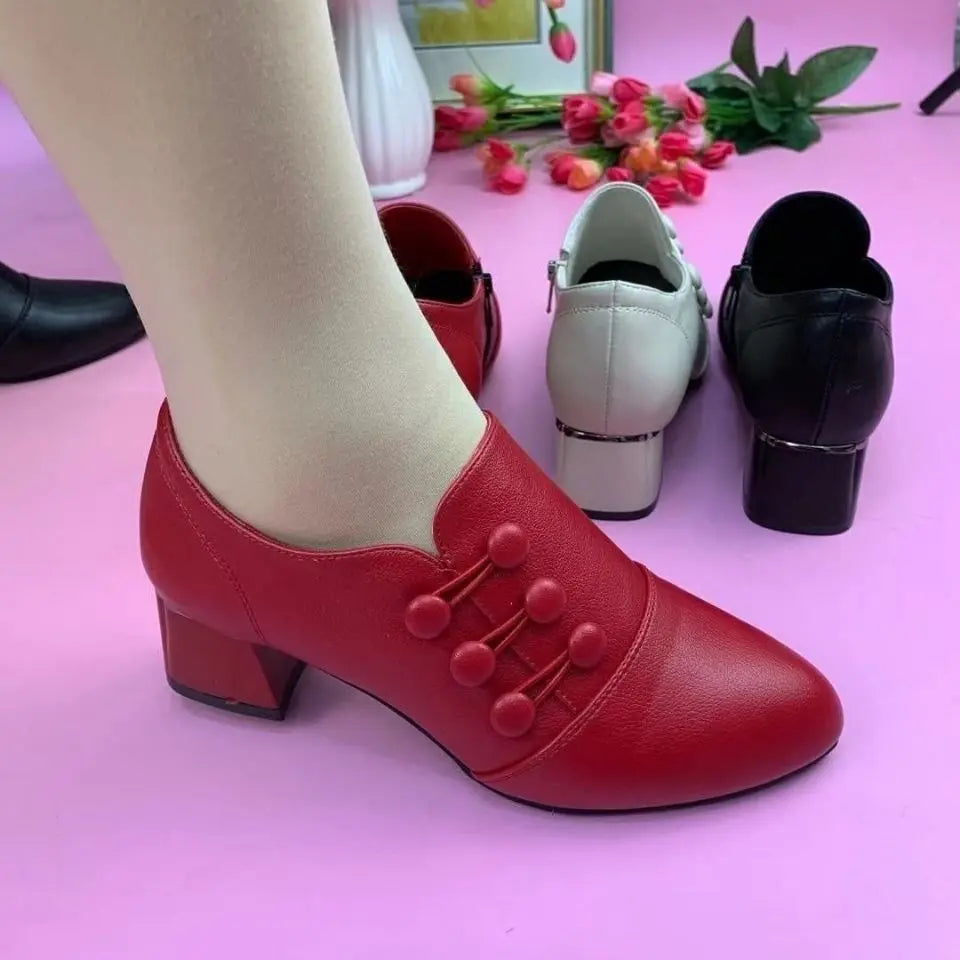 Women's Boots 2025 New Casual Leather Shoes for Women Comfort Office Low Boots Pointed Toe Ladies High Heels Red Wedding Shoes