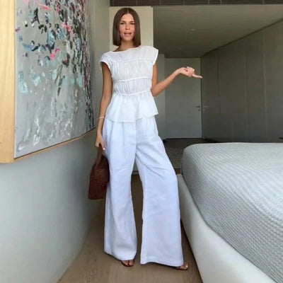 Women Cotton Linen Sleeveless Blouse Round Neck Pleated Top 2025 Spring Summer New Lady O-Neck Solid Color Shirt