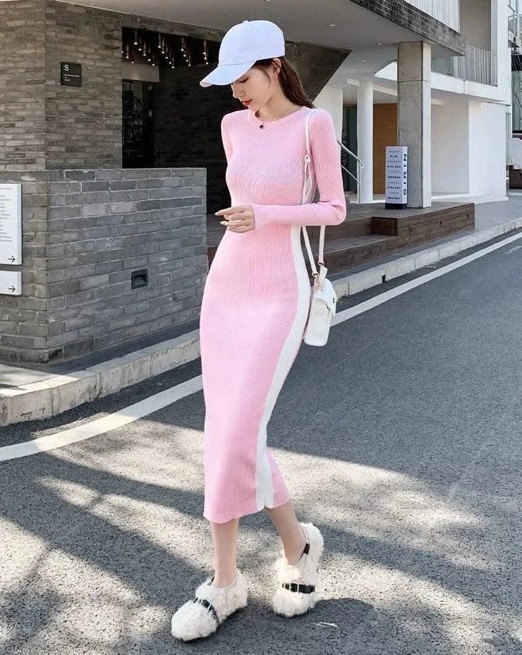 Pink Woman Dress Black Bodycon Maxi Knitted Robe Long Dresses for Women Evening Crochet Round Neck Clothes Sensual Sexy Hot Y2k