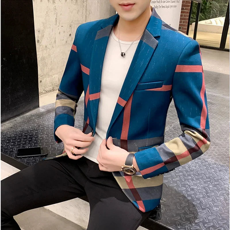 Men's Blazer 2021 Fashion British Style Contrast Plaid Stitching Pattern Striped Slim Casual High-quality Men's Clothing Jacket