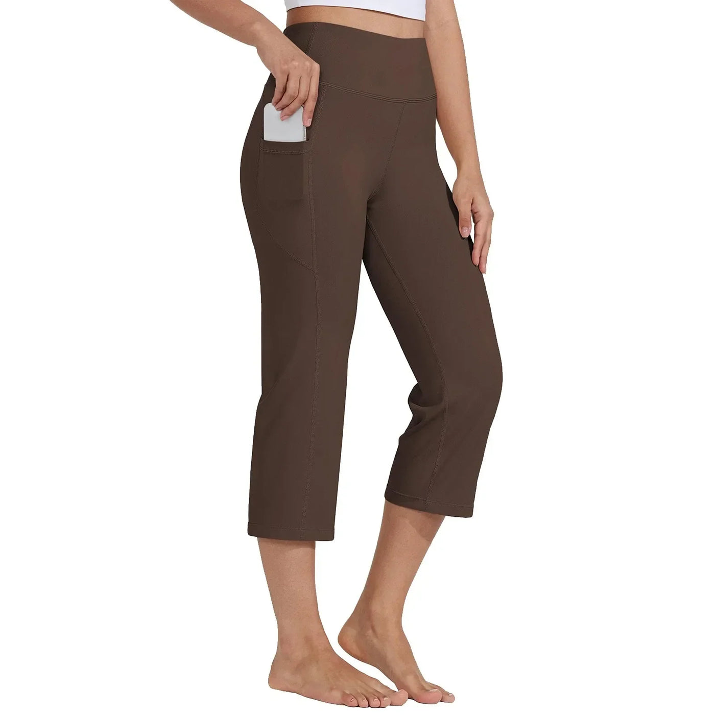 Women  Elastic High Waist 3/4 Pant Casual Active  Fit Wide Capris Leg Pants Trousers With Pockets Pants Woman брюки женские