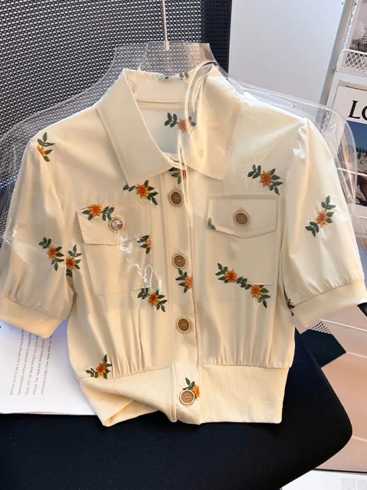 Summer Cotton Linen Frence Women Aesthetic Shirts High Quality Embroidery Floral Puff Sleeve Single Breasted Lapel Polo Collar