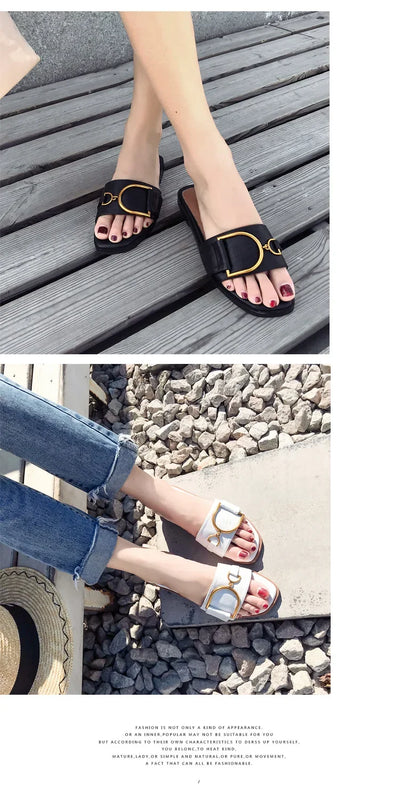 Summer Women Slippers Leather Square Toe Women Flats Flip Flops Designer Ladies Slides Sandals Women Shoes Luxury Sandals
