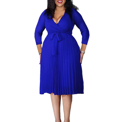 Elegant Office Dresses for Women Professional V Neck Full Sleeve Sashes Pleated Mid Calf Formal Business Work Wear Dress Midi OL