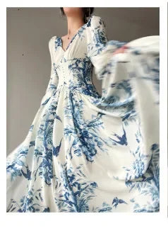 Women Maxi Chiffon Dress Summer Bohemian Rabbits Flower Porcelain Print Clothing Floor Length Flare Sleeve Long Vestidos