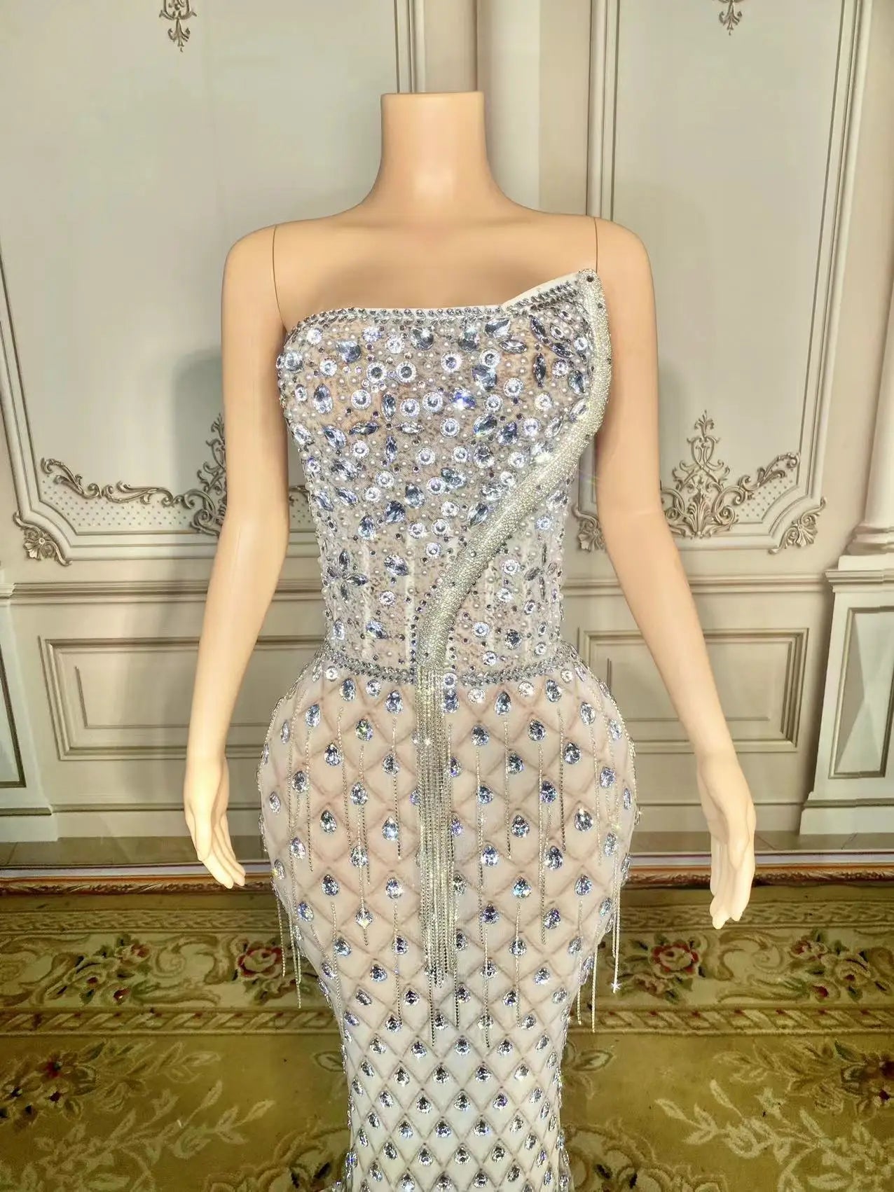 New Sparkly Rhinestones Pearls Floor-length Feathers Dress Women Birthday Celebrate Wedding Evening Prom Dress Photo Shoot Wear
