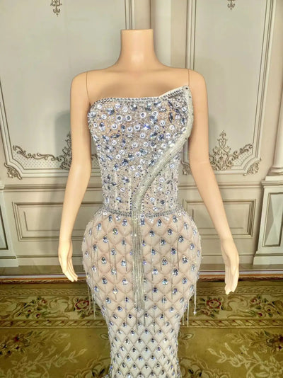 New Sparkly Rhinestones Pearls Floor-length Feathers Dress Women Birthday Celebrate Wedding Evening Prom Dress Photo Shoot Wear