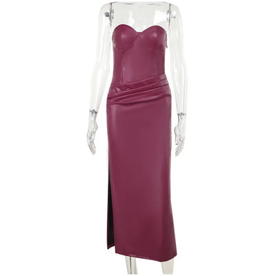 Sexy Pu Leather Women Maxi Dresses Fashion Sleeveless Backless Pleated Hip Package Female Robe Chic Ladies Party Evening Dress