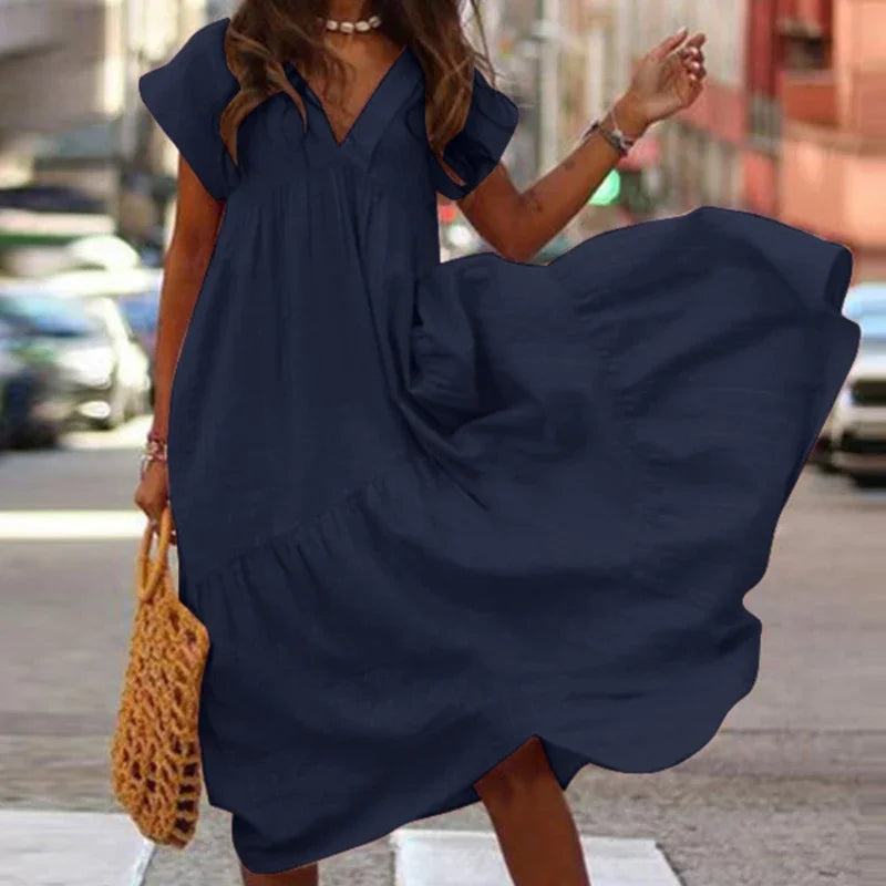 Bohemian Summer Dress for Women V Neck Vestidos Ladies Streetwear Solid Ruffle Dresses Asymmetrical Loose Robe Women Clothing