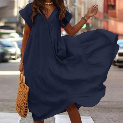 Bohemian Summer Dress for Women V Neck Vestidos Ladies Streetwear Solid Ruffle Dresses Asymmetrical Loose Robe Women Clothing