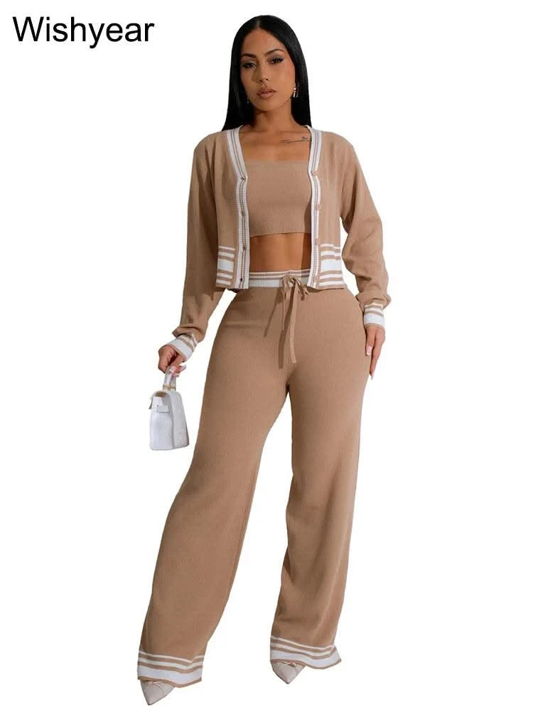 Casual Active Wear Knitted Tracksuit Women 3 Piece Set Sporty Fitness Striped Top + Bra+ Wide Leg Pants Outfits Jogging Femme