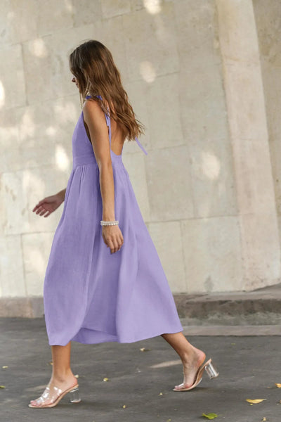 Cotton Linen Solid Color Spaghetti Strap Dresses Women Fashion Leace-up V-neck Backless Beach Vacation Long Dress Female New