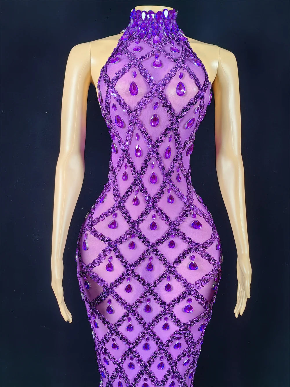 Women Sexy Stage Shining Rhinestone Sequins Dress Evening Prom Birthday Dress Transparent Performance Singer Club Host Dress