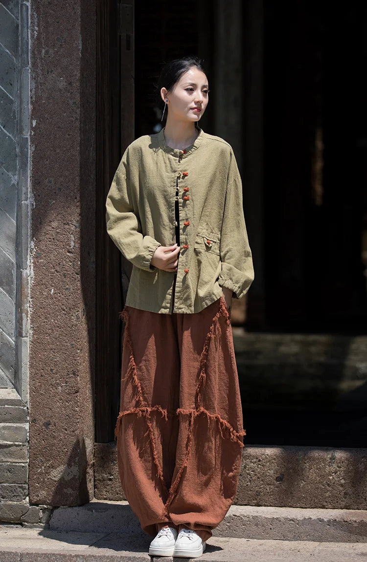 Cotton Linen Women's Literary Vintage Ramie Tops Shirt Women's Patchwork Colour Plate Button Lapel Cardigan Jacket Chinese Style
