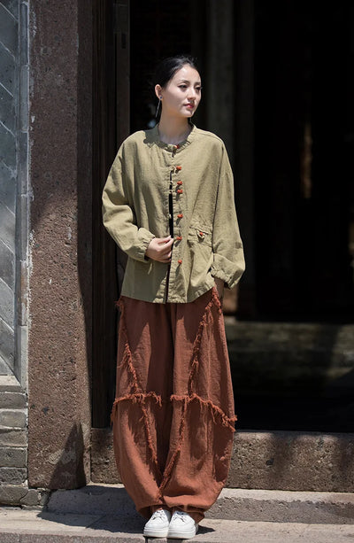 Cotton Linen Women's Literary Vintage Ramie Tops Shirt Women's Patchwork Colour Plate Button Lapel Cardigan Jacket Chinese Style