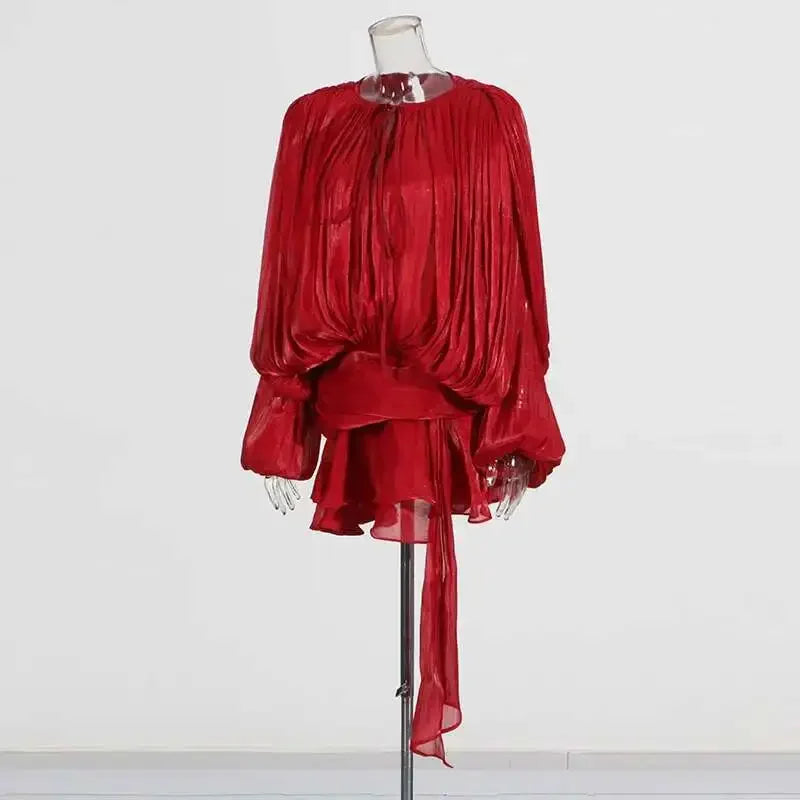 TWOTWINSTYLE Solid Blouse Mini Dresses For Women V Neck Long Sleeve Spliced Lace Up Sweet Style Dress Female Clothing Fashion