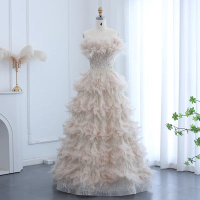 Sharon Said Luxury Dubai Feathers Princess Ball Gown Cream Evening Dress for Women Wedding Engament Party Dress SS732 Customized