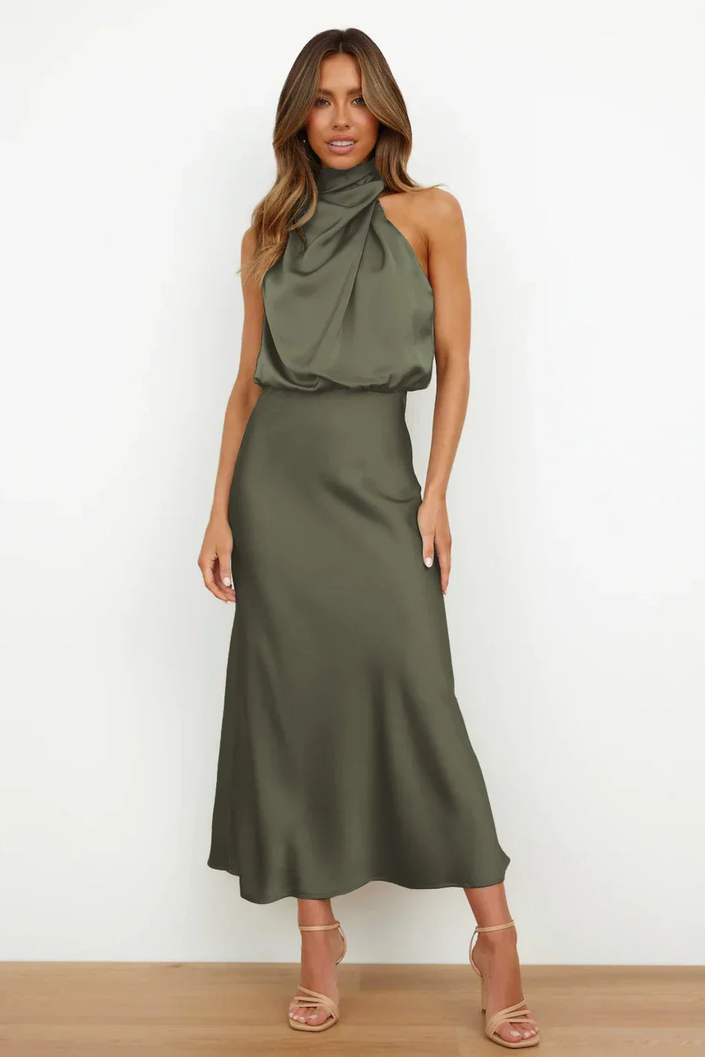 2025 Spring/Summer Long Dress for Women High Waist Halter Satin Sleeveless Dress Fashion Elegant Solid Evening Party Dresses