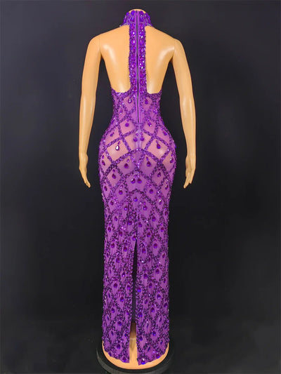 Women Sexy Stage Shining Rhinestone Sequins Dress Evening Prom Birthday Dress Transparent Performance Singer Club Host Dress