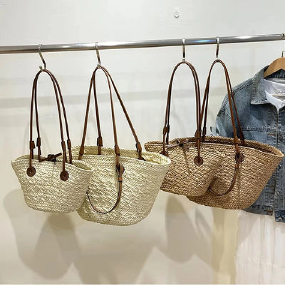 Designer Bohemian Chic Shoulder Bag,Solid Color Large Capacity Straw Woven Tote Bag,Nature-Inspired Beach Vacation Women Handbag