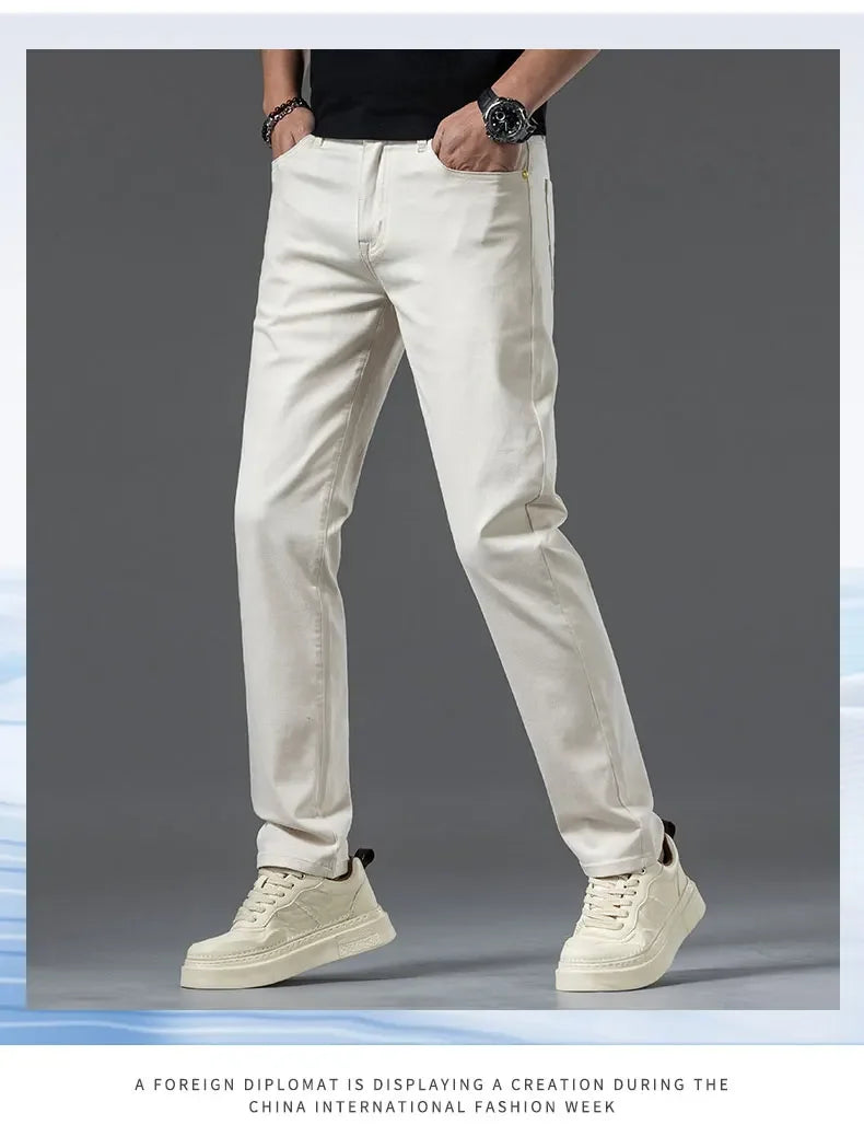 2024 New Summer Thin Men's Straight Denim Cotton Stretch Creamy-white Jeans Classic Business Pants Fashion Trousers Male Brand