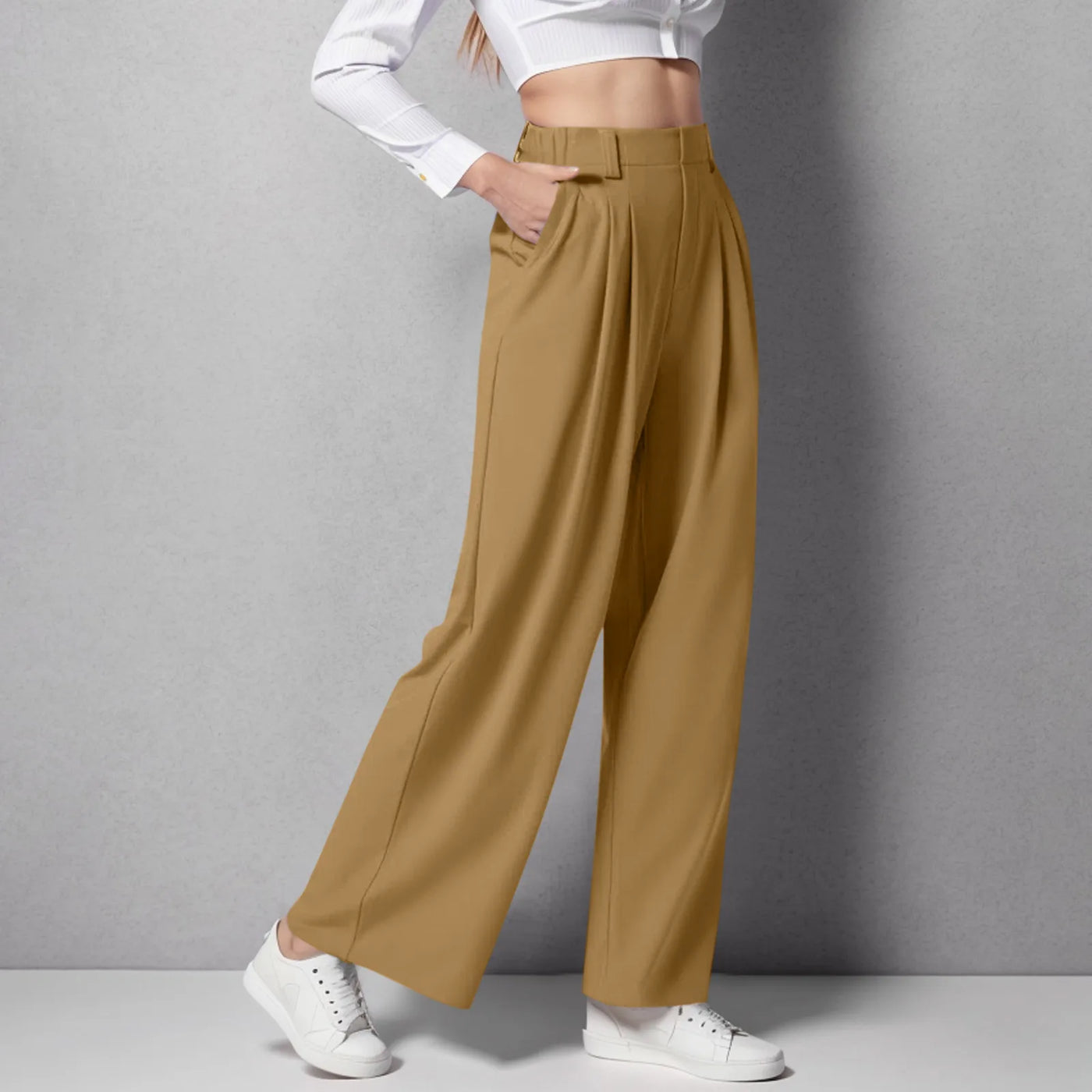Wide Leg Pants Elastic High Waist Casual And Versatile Suit Pants For Female Simple Fashion Nine Length Trousers With Pockets