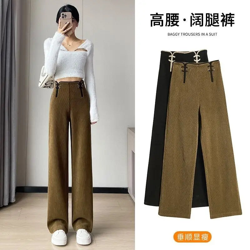 Women's Wide-leg Pants Autumn Winter Trousers New Chinese Style Folding High Waist Drooping Casual