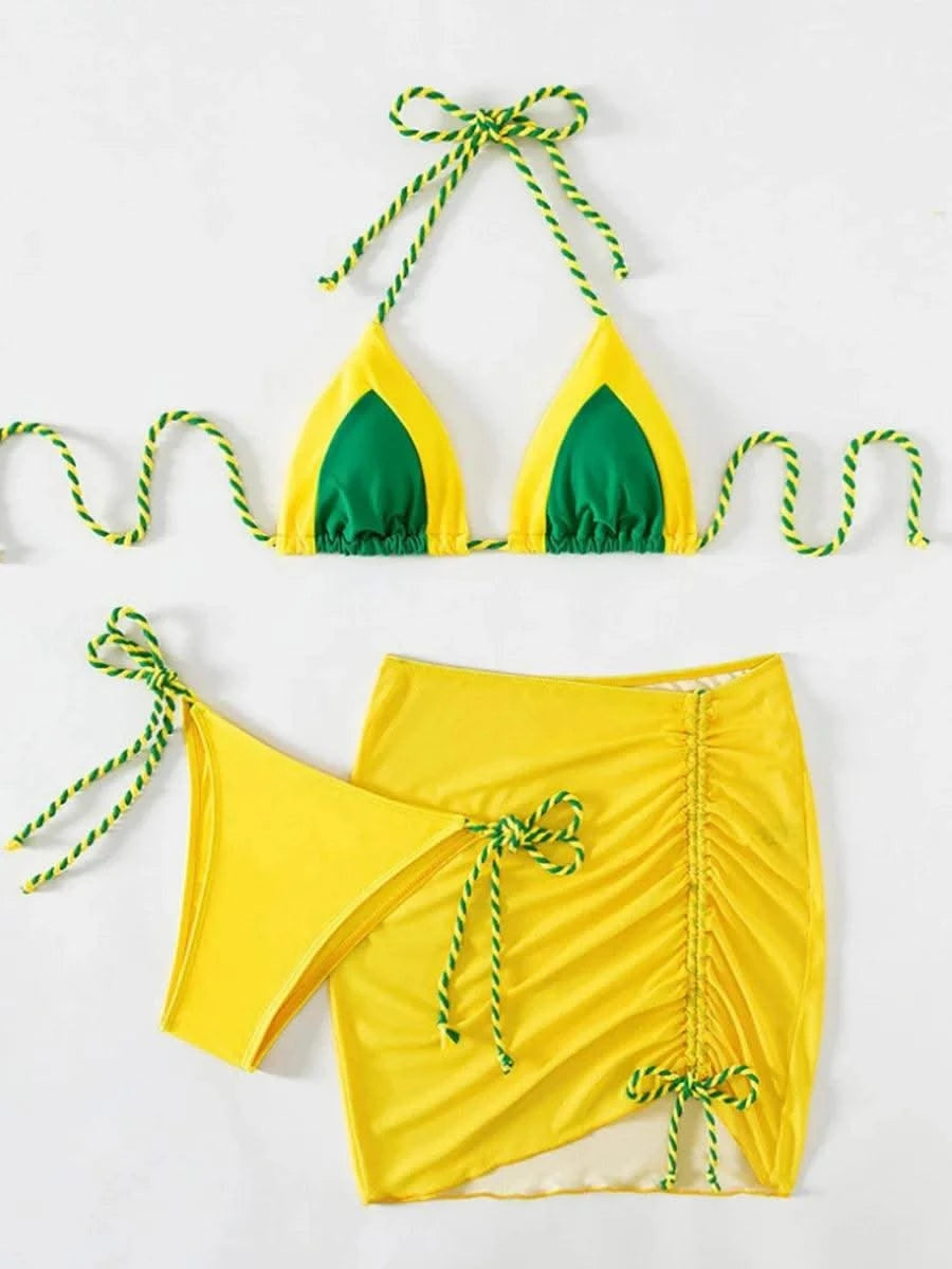 2025 Black Halter String 3 Piece Bikini Swimsuit Women