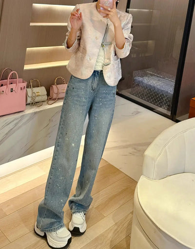 2024 Spring New Narrow Straight Jeans Women's Slimming Fashionable All-Match Rhinestone women jeans  pants