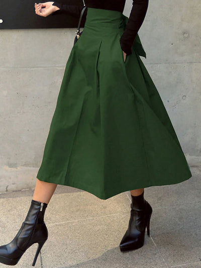 Stylish Solid A-line Skirts for Women Preppy School Style High Elastic Waist Long Skirt With Bow Woman Clothing Women's Skirts