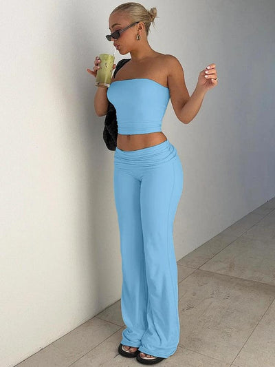 Women's Clothing 2025 Spring Fashion New Item Solid Color Strapless Top Flared Pants Fashionable Slim Fit Sports Suit for Women