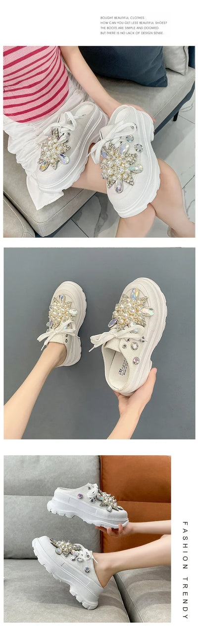 Spring New Women Sneakers Slipper Designer Platform Mules Flat Sandal Sweet Casual Lace Up Pearl Crystal Shallow Ladies Shoes