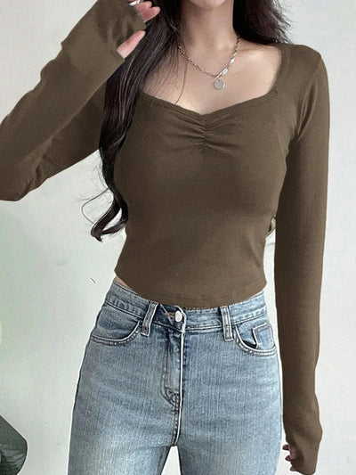 Women Long Sleeve Tops - Sexy Going Out Sweetheart V Neck Basic Shirts Tight Slim Fall Trendy Clothing