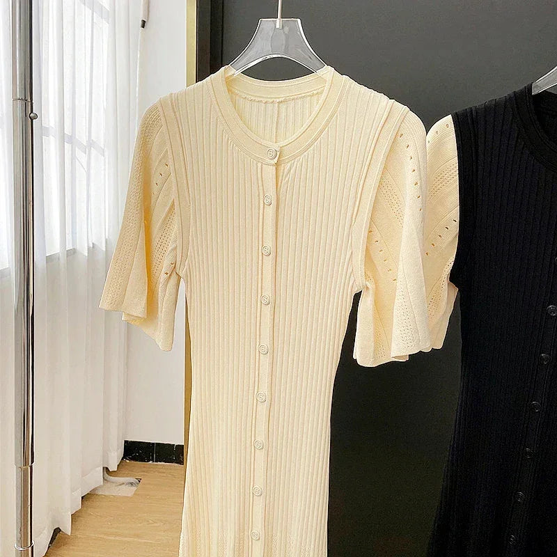 Classic Style Single Breasted Knitted Women Midi Dress O Neck Short Sleeve Hollow Out Spliced Lady Fishtail Dress