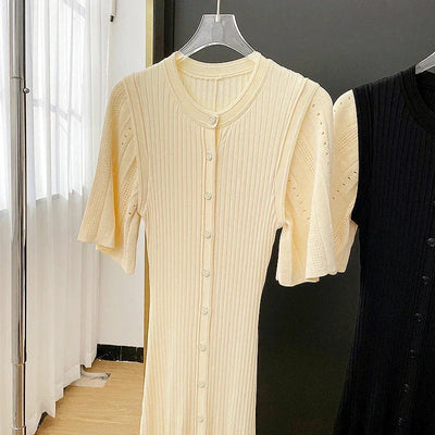 Classic Style Single Breasted Knitted Women Midi Dress O Neck Short Sleeve Hollow Out Spliced Lady Fishtail Dress