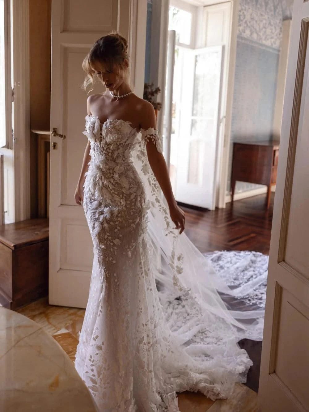 Shiny 3D Flower Wedding Dress With Train Mermaid Long Bridal Gown